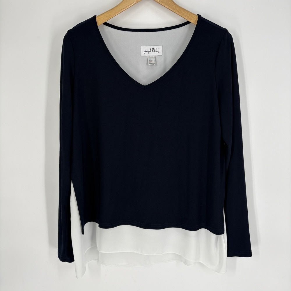 Joseph Ribkoff Womens Layered V Neck Tunic‎ Top Size 12 Navy White Stretch